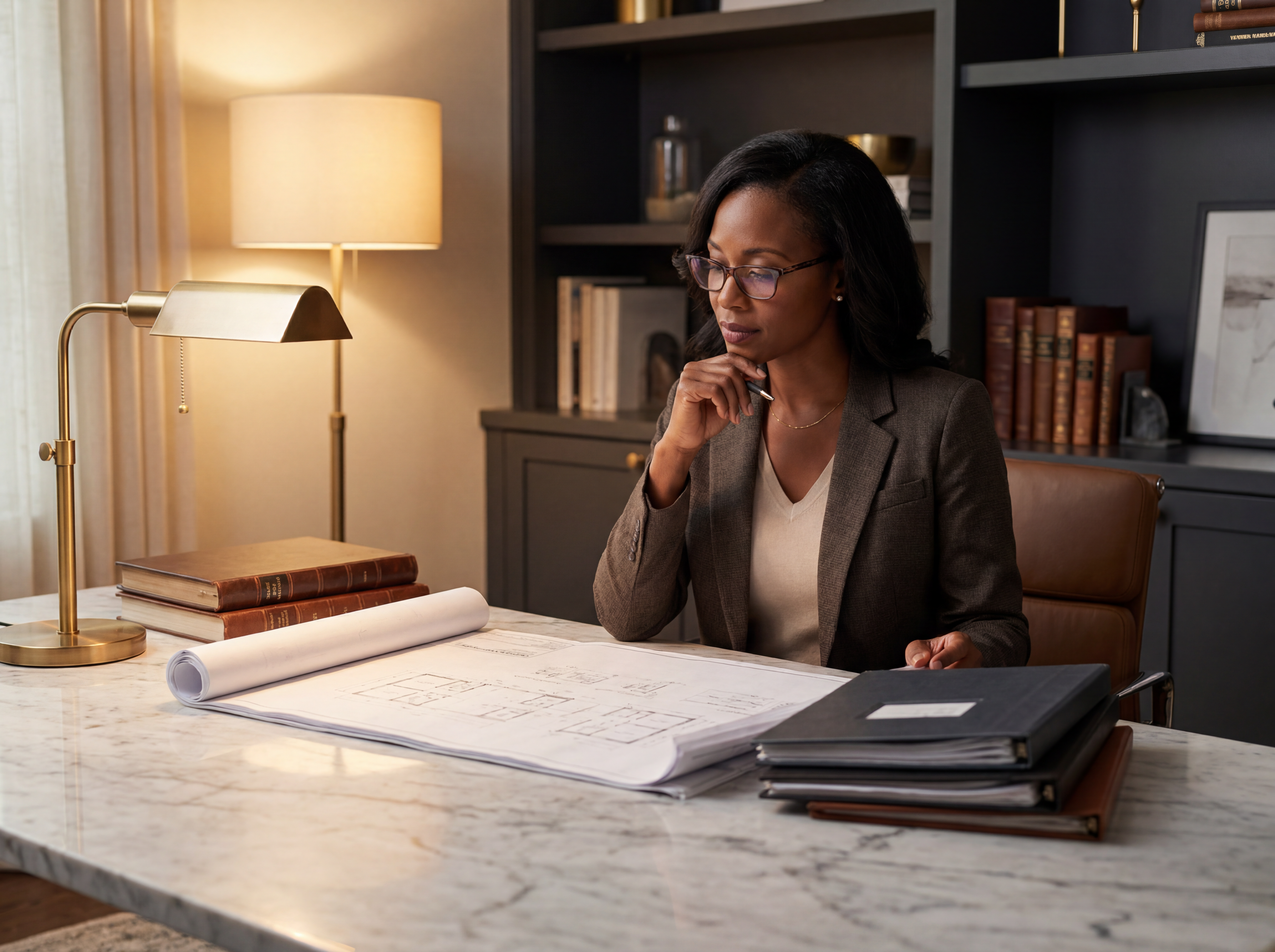 An elegant woman studying property investment blueprints in a luxury home office