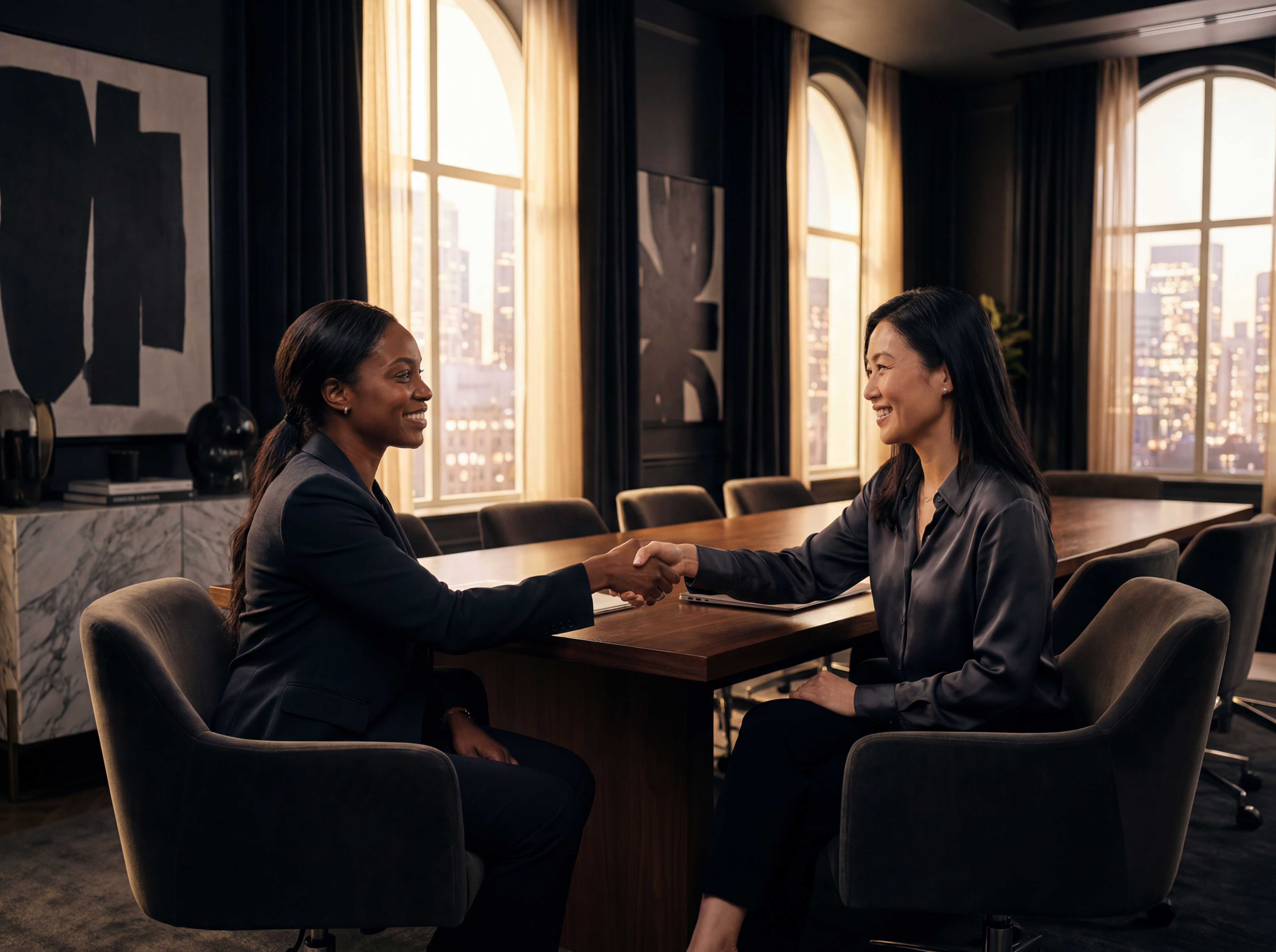 Two professional women in a confident handshake in an upscale boardroom