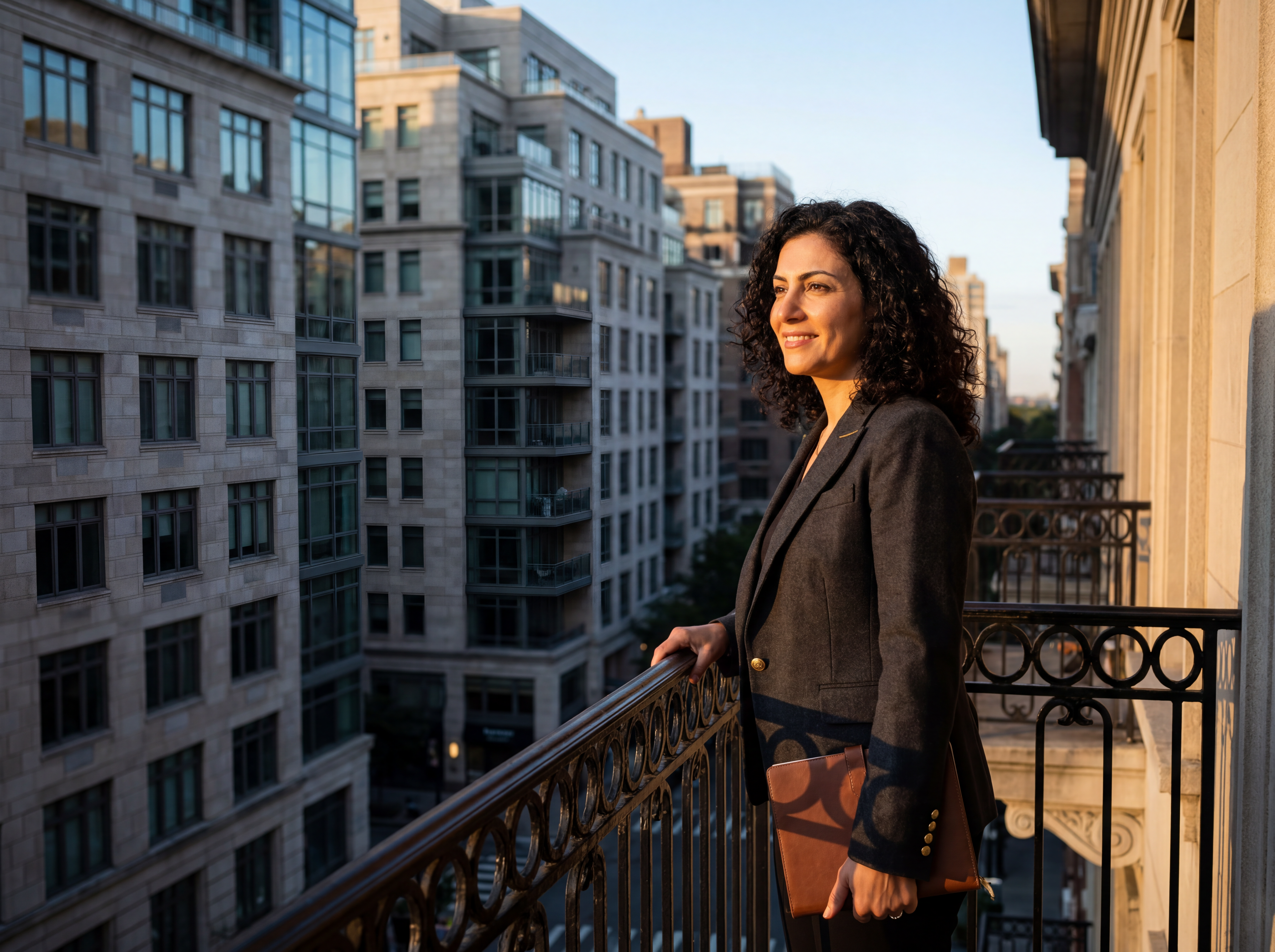 A woman investor overlooking a row of upscale properties at golden hour