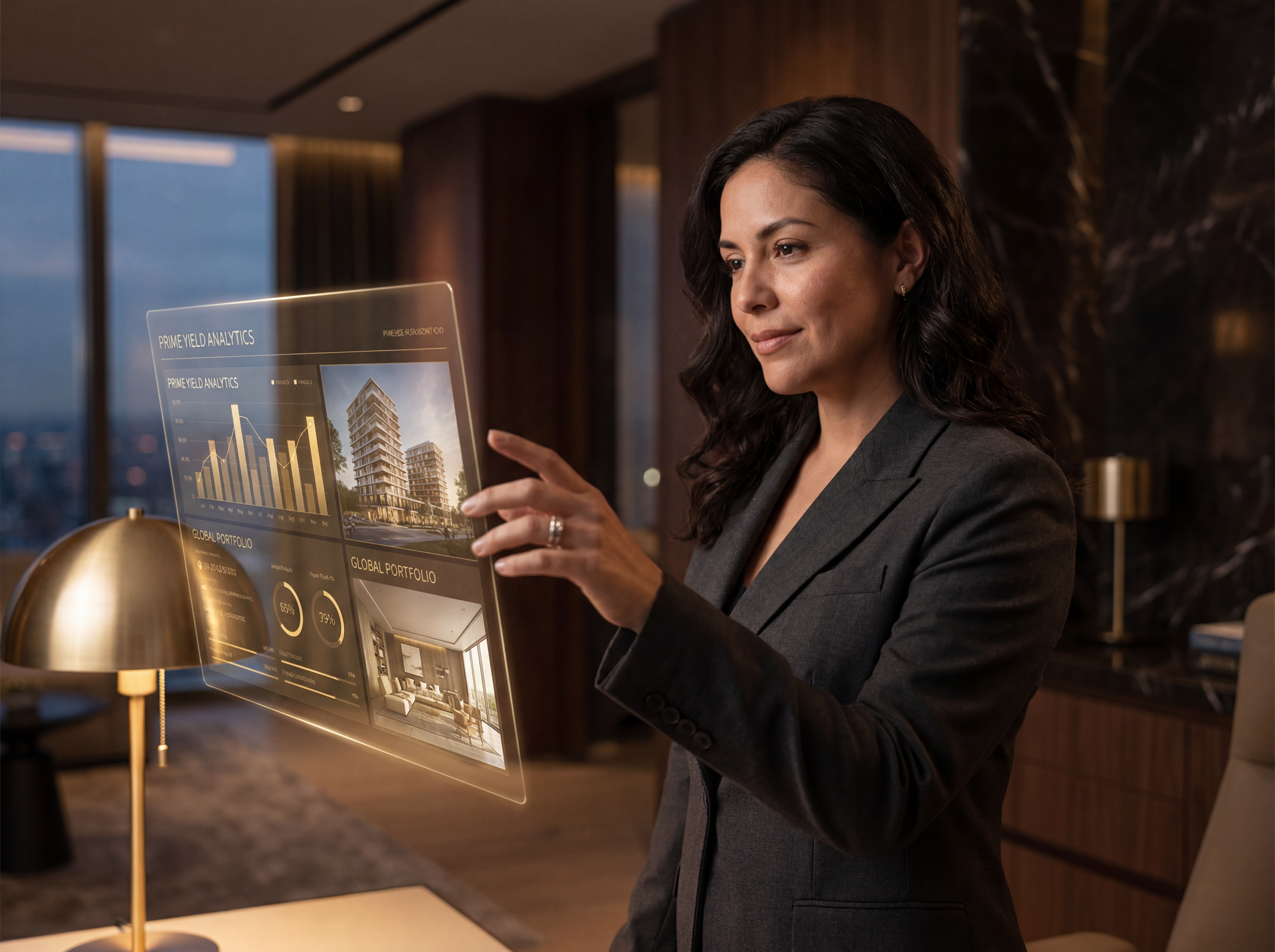 A sophisticated woman reviewing a holographic real estate analytics interface