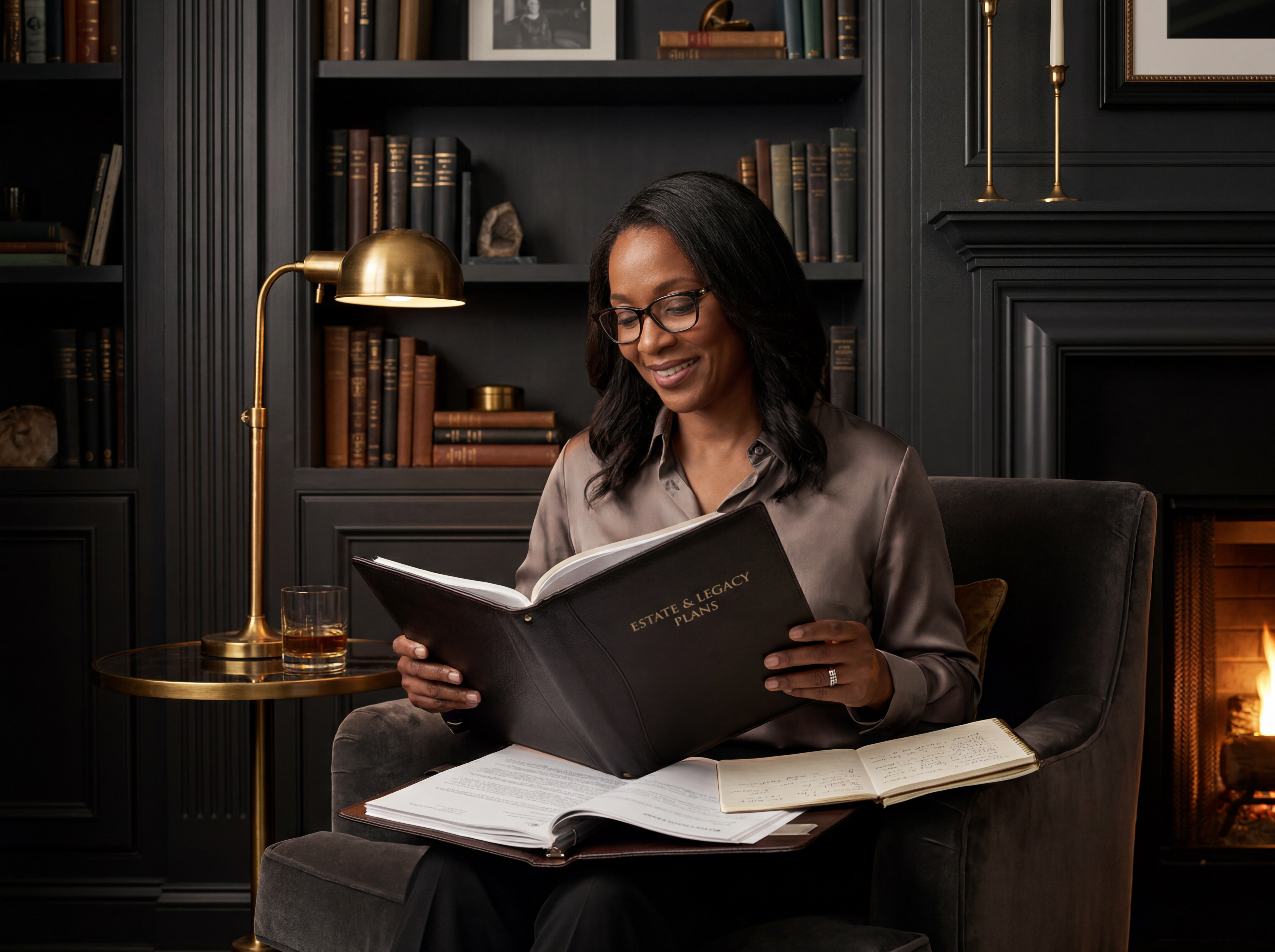 An elegant woman reviewing a leather portfolio of estate and wealth plans in a luxury home