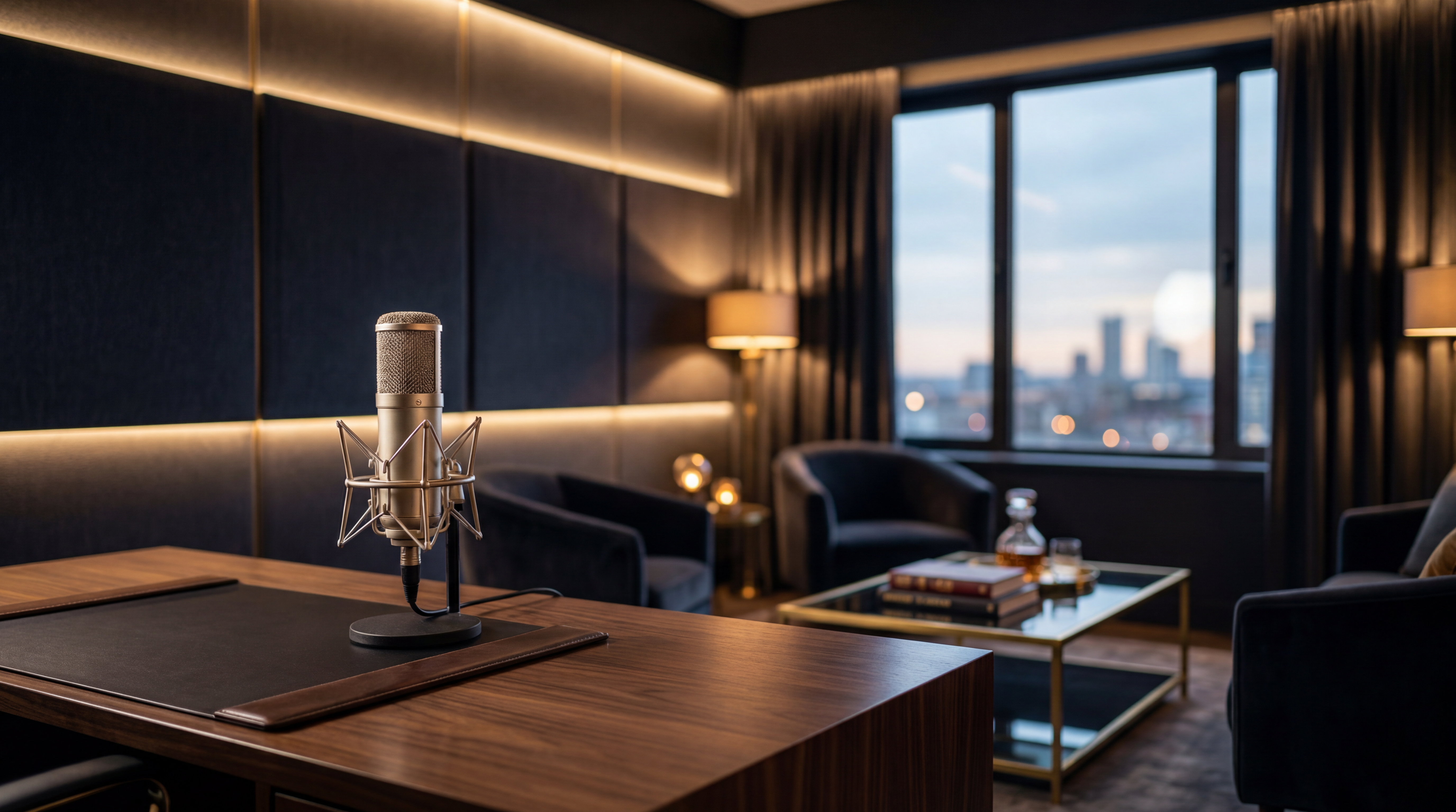 An elegant luxury podcast studio with a professional microphone and warm gold lighting