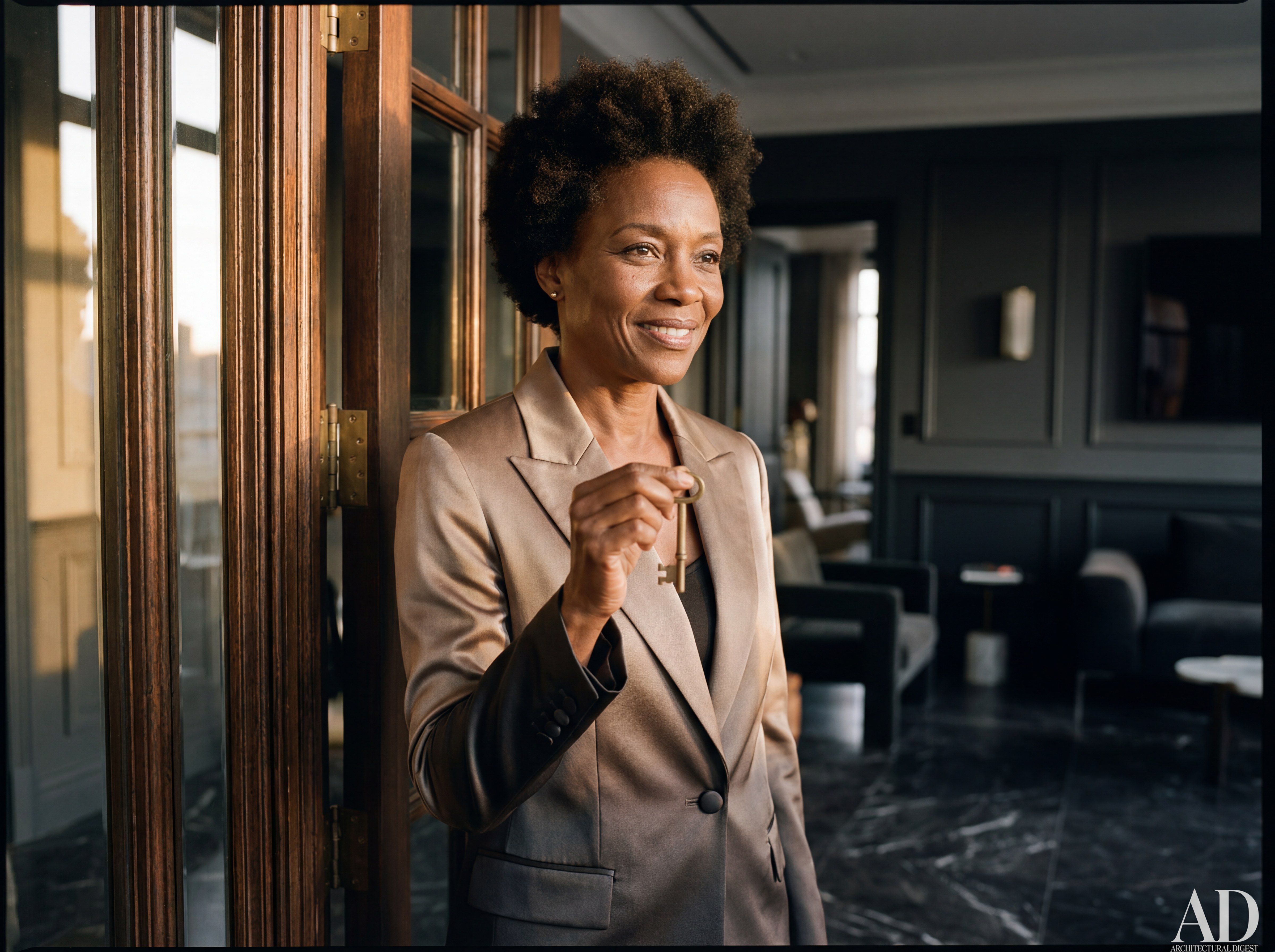 A confident woman holding the key to her first investment property at golden hour