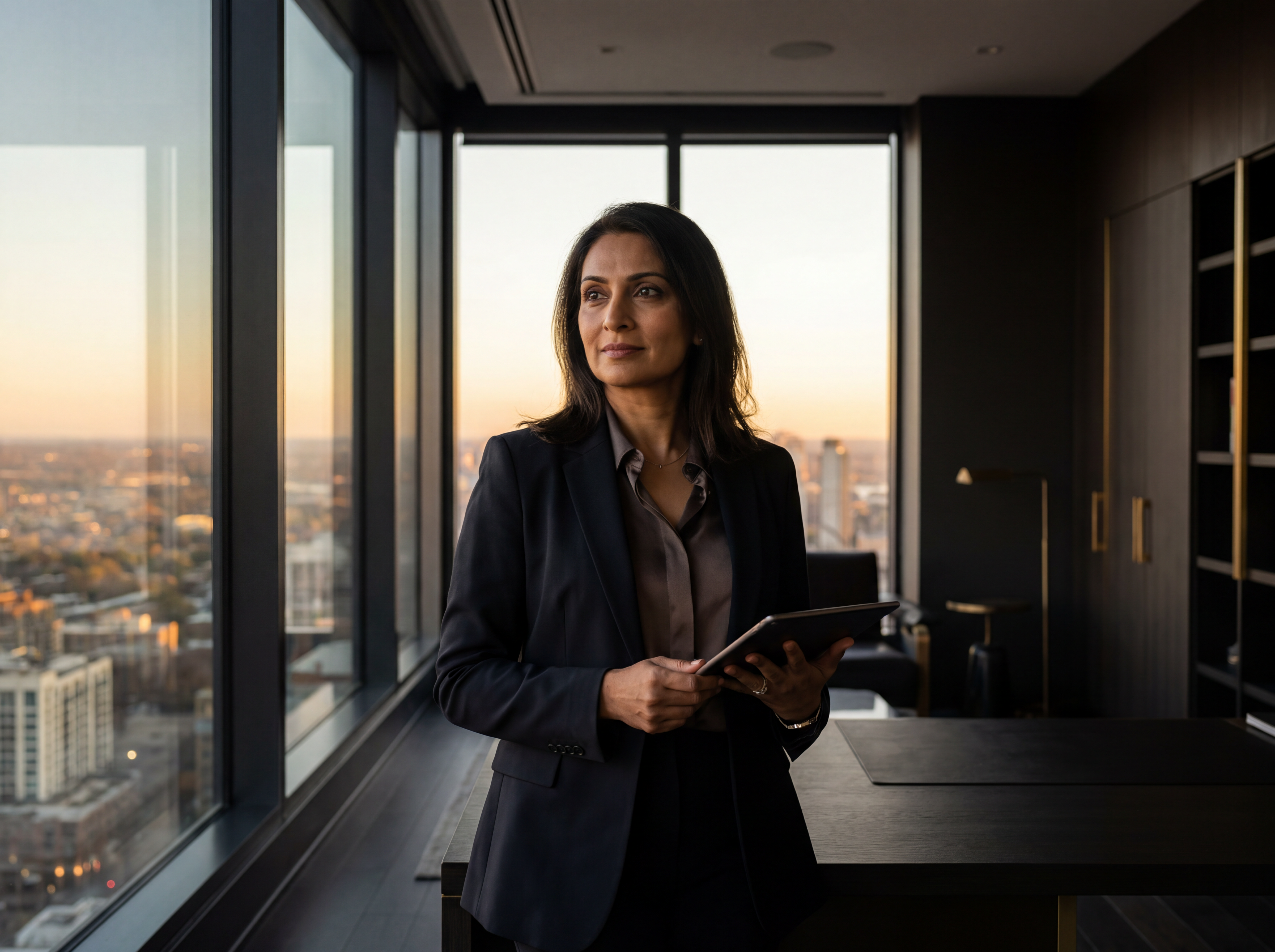 A distinguished woman investor in a penthouse office overlooking a city skyline at dusk