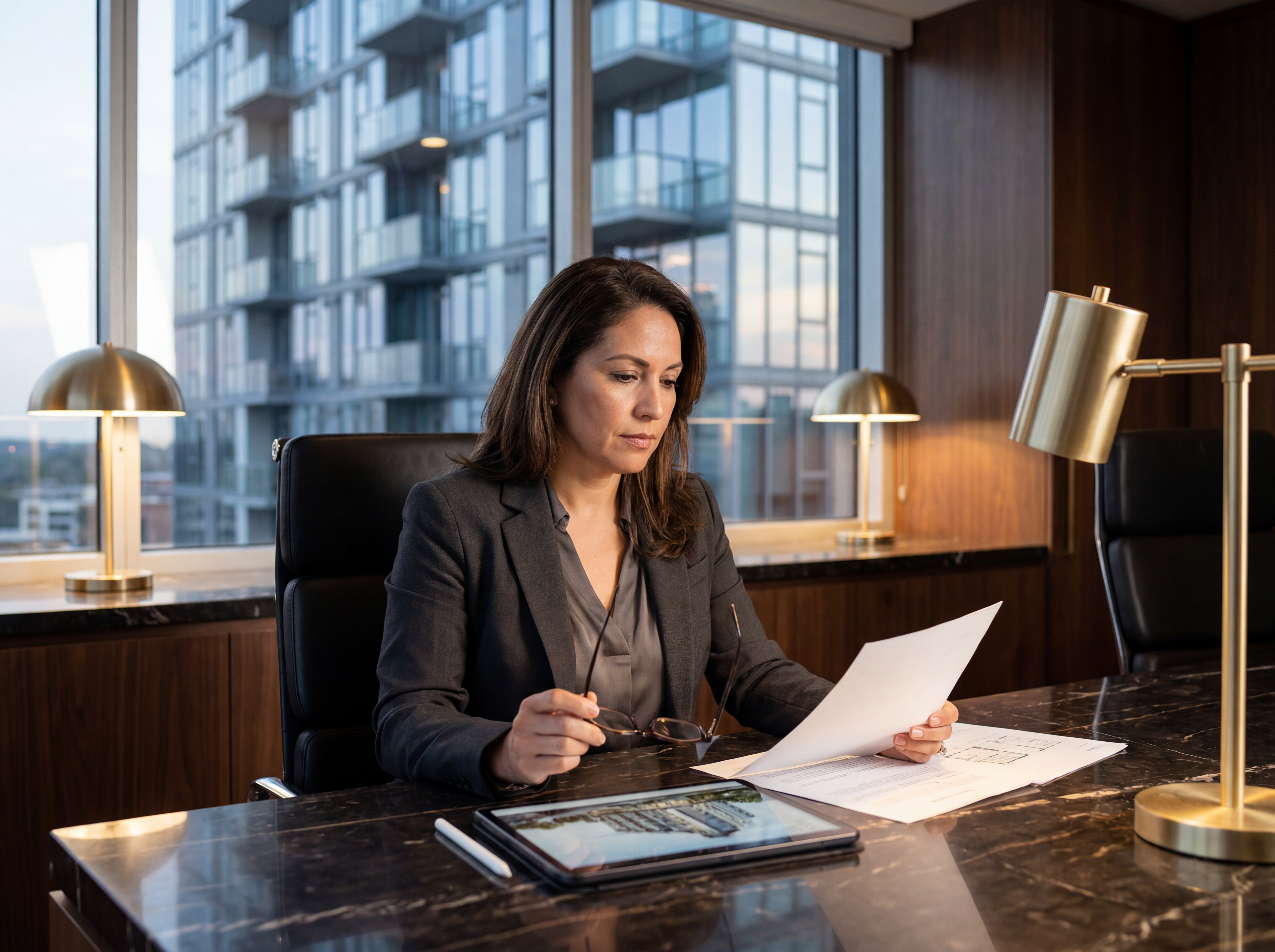 A businesswoman analyzing a real estate deal at an elegant desk